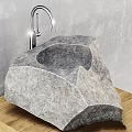 Natural Stone Washbasin In Unique Rock Shape With Chrome Faucet And Wooden Countertop
