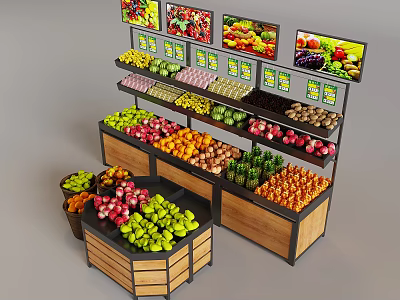 Fruit Display Shelves With Multi tier Racks Holding Assorted Fresh Fruits Vegetables And Digital Screens 3d model