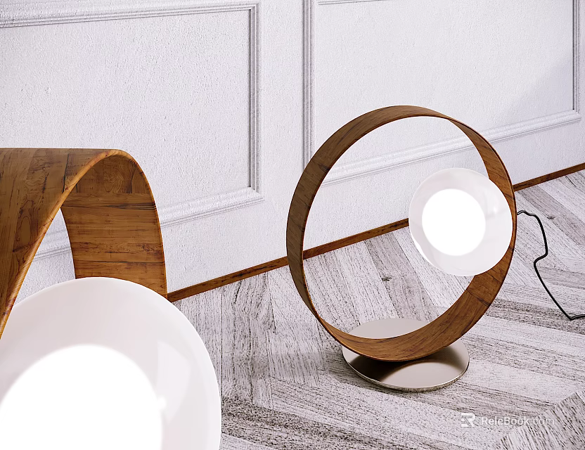 Modern Circular Wooden Table Lamp in Room with White Wall and Wooden Floor 3d model 