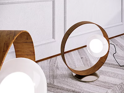 Modern Circular Wooden Table Lamp in Room with White Wall and Wooden Floor 3d model