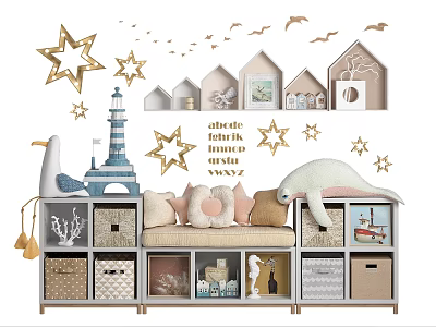 Cute Decorative Cabinet with Star Ornaments House Shaped Decor Lighthouse Model and Swan Plush 3d model