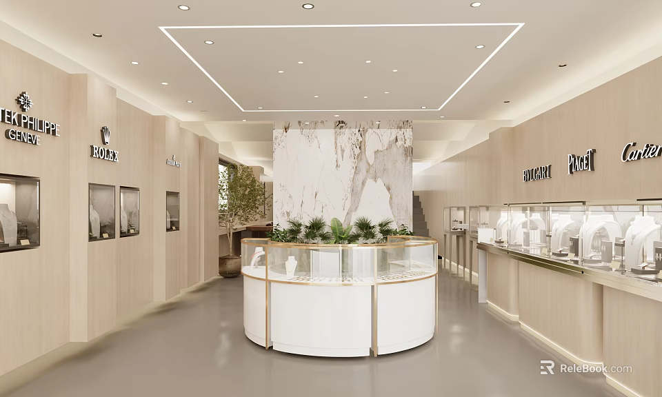 Modern Luxury Store Interior With Marble Wall Round Display Counter And Green Plants 3d model 