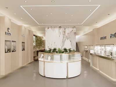 Modern Luxury Store Interior With Marble Wall Round Display Counter And Green Plants 3d model