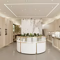 Modern Luxury Store Interior With Marble Wall Round Display Counter And Green Plants