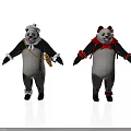 Two Stuffed Panda Dolls In Different Costumes With White Hat And Red Bow