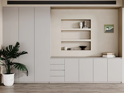 Modern Cabinets In Minimalist Room With Plant And Shelves 3d model