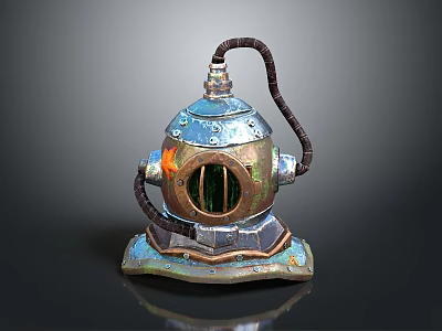 Vintage Metallic Diving Helmet With Circular Glass Window Leather Hose And Base Stand 3d model
