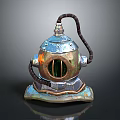 Vintage Metallic Diving Helmet With Circular Glass Window Leather Hose And Base Stand