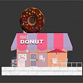 Cartoon Big Donut Shop with Pink and White Striped Awning Giant Donut on Roof