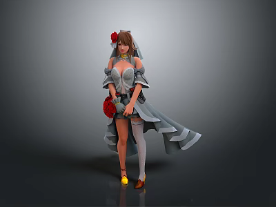 Woman In Gray Dress With Red Flower Decoration And Yellow Shoes Standing 3d model