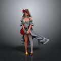 Woman In Gray Dress With Red Flower Decoration And Yellow Shoes Standing