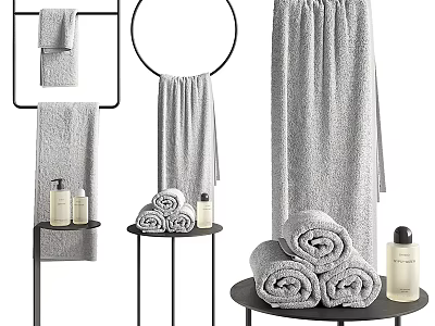 Soft Gray Towels Hanging And Rolled Displayed On Stands With Bath Products 3d model