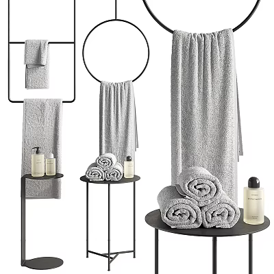 Soft Gray Towels Hanging And Rolled Displayed On Stands With Bath Products 3d model