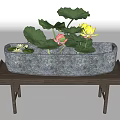 Bonsai Potted Plant with Lotus Leaves Pink White Flowers in Gray Pot on Wooden Table