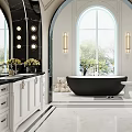 Modern Luxury Bathroom Interior With Double Vanities Bathtub Chandelier Arched Doorways And Marble Mirrors