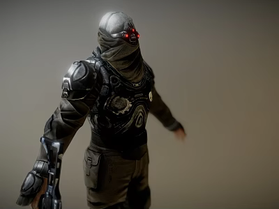 Sci Fi Hooded Armored Warrior With Red Eyes Skull Emblem In Combat Suit Holding Weapon 3d model