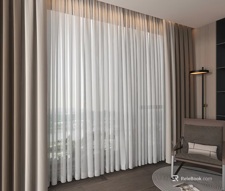 White Sheer And Beige Linen Curtains Design For Living Room Window With View Floor Lamp Chair 3d model 