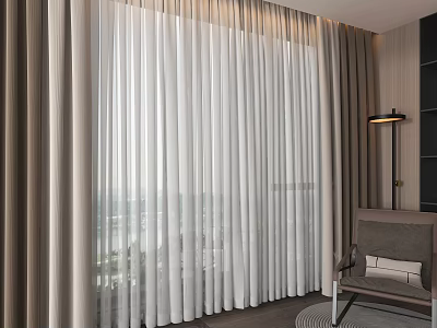 White Sheer And Beige Linen Curtains Design For Living Room Window With View Floor Lamp Chair 3d model