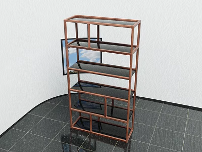 Multi Tiered Glass Shelf Unit With Brown Frame For Indoor Storage 3d model
