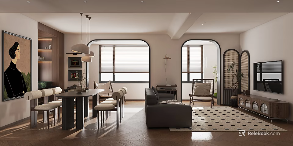 Modern Living Dining Room Interior With Pendant Lights Gray Sofa Dining Table And Wooden Flooring 3d model 