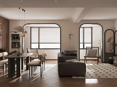 Modern Living Dining Room Interior With Pendant Lights Gray Sofa Dining Table And Wooden Flooring 3d model