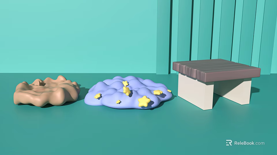 Cartoon Scene Featuring Green Background Brown Cloud Blue Cloud With Yellow Stars And Step Structure 3d model 