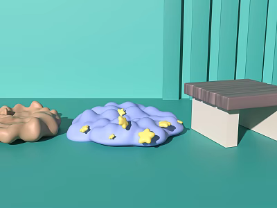 Cartoon Scene Featuring Green Background Brown Cloud Blue Cloud With Yellow Stars And Step Structure 3d model