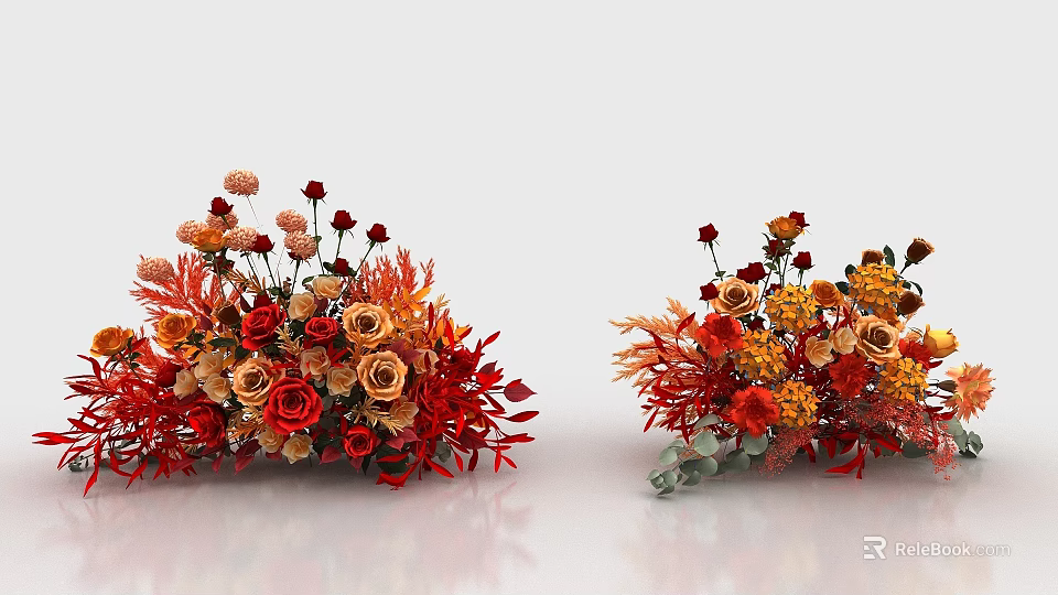 Vibrant Floral Display with Red Orange Yellow Roses Daisies and Decorative Foliage 3d model 