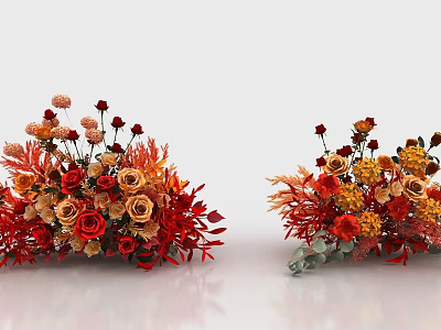 Vibrant Floral Display with Red Orange Yellow Roses Daisies and Decorative Foliage 3d model