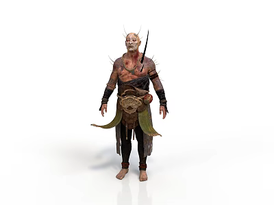 Man In Tribal Leather Clothing With Spiked Accessories And Green Sash 3d model