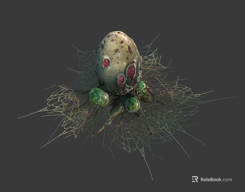 Mysterious Egg Shaped Object in Intricate Spider Web with Green Orbs and Red Spots 3d model 