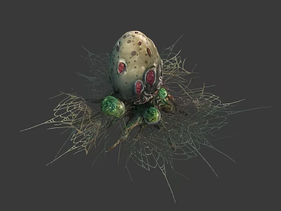 Mysterious Egg Shaped Object in Intricate Spider Web with Green Orbs and Red Spots 3d model