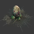 Mysterious Egg Shaped Object in Intricate Spider Web with Green Orbs and Red Spots