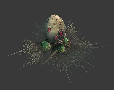 Mysterious Egg Shaped Object in Intricate Spider Web with Green Orbs and Red Spots 3d model