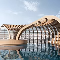 Modern Wooden Curved Roof Structure On Water With Reflection And Blue Sky