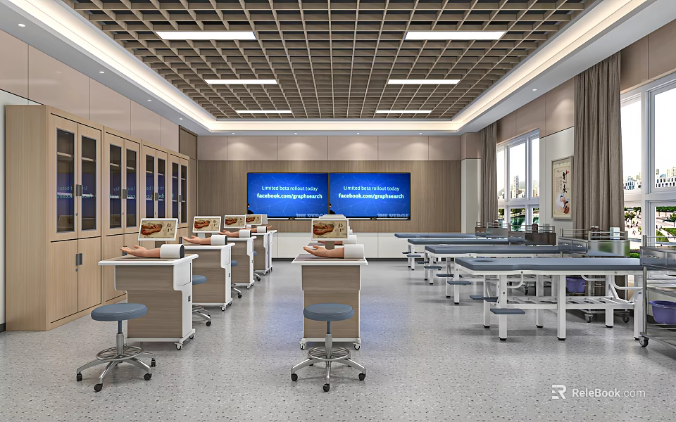 Modern Laboratory Interior With Workstations Cabinets Large Screens And Windows 3d model 