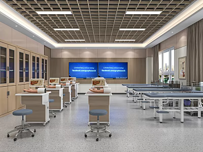 Modern Laboratory Interior With Workstations Cabinets Large Screens And Windows 3d model