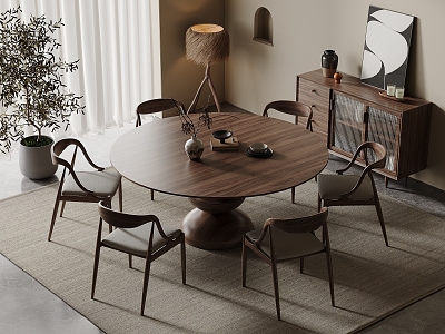 Solid Wood Dining Table and Chair Combination Solid Wood Dining Table and Chair Round Dining Table Restaurant Backrest Dining Chair Sideboard Storage Cabinet Vase Decorative Ornaments Carpet Dried Flowers model