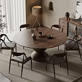 Modern Round Wooden Dining Table Set With Six Chairs Cabinet Floor Lamp And Potted Plant