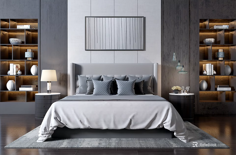 Modern Background Double Bed With Gray Tone Bedside Tables Table Lamps And Wooden Bookshelves 3d model 