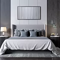 Modern Background Double Bed With Gray Tone Bedside Tables Table Lamps And Wooden Bookshelves