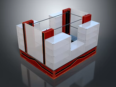 Cartoon Scene Featuring Stylish Display Cabinet With White Red Accents Transparent Panels And Shelves 3d model