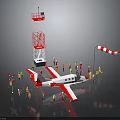 Red and White Airplane Miniature Scene with Tower Figures and Checkered Flag