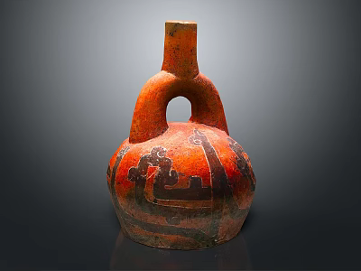 Red Pottery Sculpture With Intricate Carved Black Patterns And Traditional Handle Design 3d model