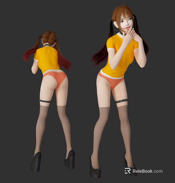 A Woman In Yellow Top Orange Underwear And Stockings With Pigtails In Two Poses 3d model 