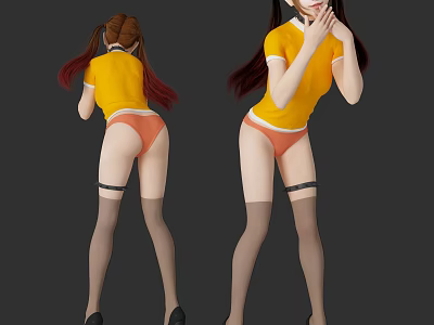 A Woman In Yellow Top Orange Underwear And Stockings With Pigtails In Two Poses 3d model