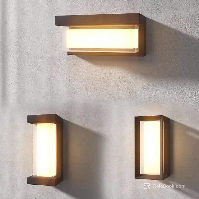 Three Modern Wall Sconces On Gray Wall With Warm Soft Light Glow 3d model 