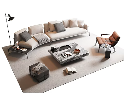 Modern Sofa Coffee Table Set With Beige Sectional Armchair Floor Lamp Rug And Decorative Pillows 3d model