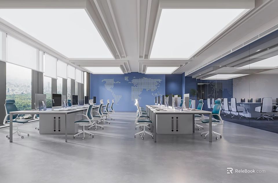 Contemporary Public Office Space Featuring Open Workstations Ergonomic Chairs And World Map Accent Wall 3d model