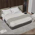 Double Bed in Modern Bedroom with White Pillows Sheets Gray Runner and Beige Chair